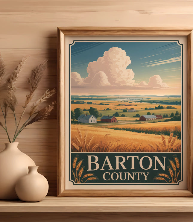 Framed landscape painting of Barton County with wheat fields and farmhouses.