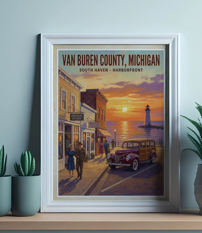 Van Buren County, Michigan postcard with South Haven harborfront scene at sunset.