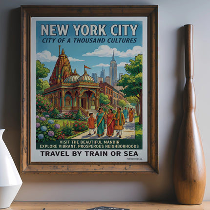 New York City poster with mandir, families, and skyscrapers.