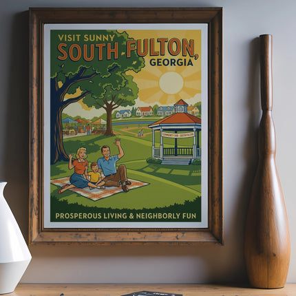 Vintage South Fulton, Georgia travel poster with family and community fair scene.