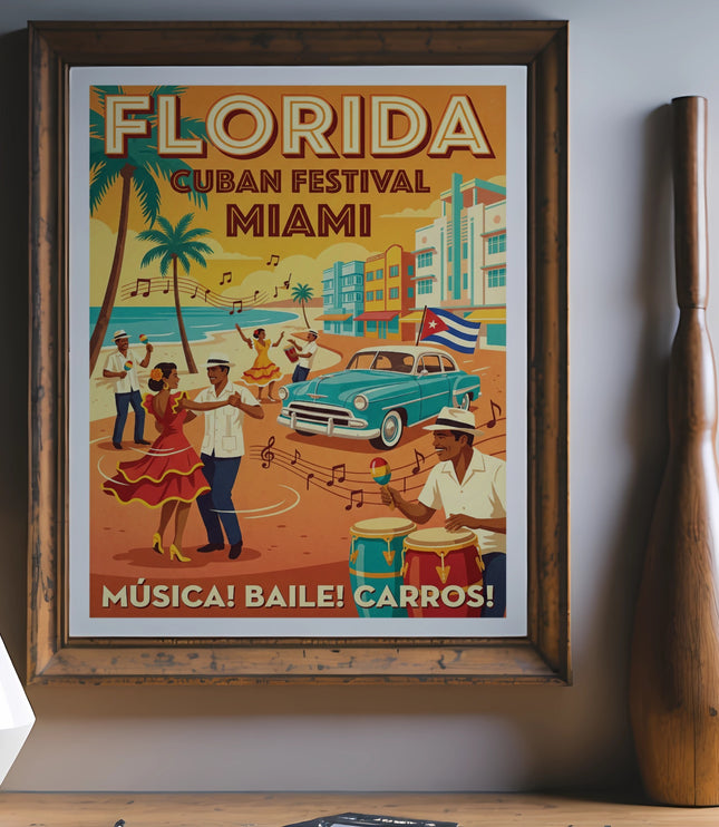Poster for Florida Cuban Festival Miami featuring dancing, a vintage car, and music symbols.