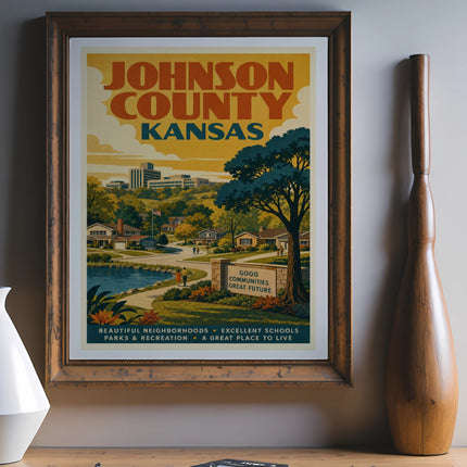 Johnson County Kansas vintage poster with text about good communities.