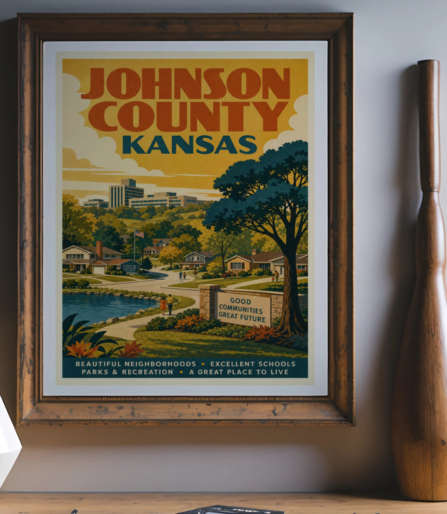 Johnson County Kansas vintage poster with text about good communities.