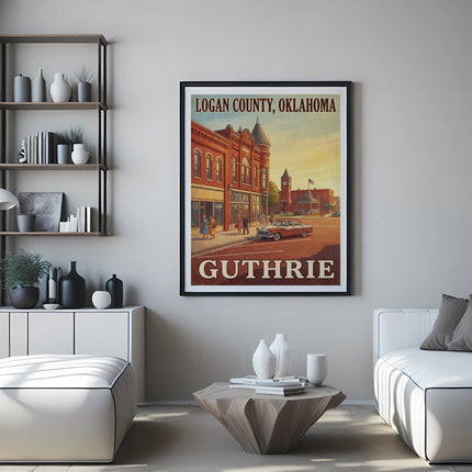 Vintage poster of Guthrie, Logan County, Oklahoma with red brick buildings and a classic car.