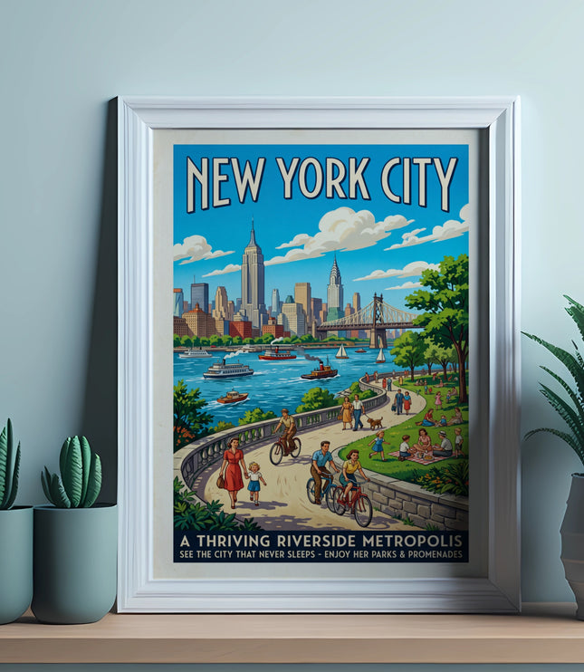 Vintage New York City poster with skyline, river, and people enjoying parks.