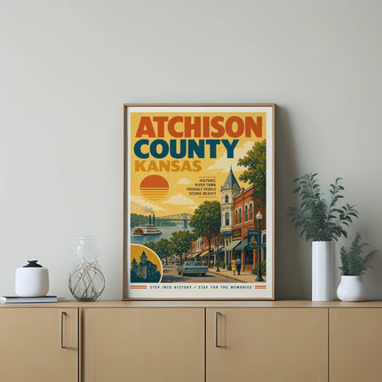 Atchison County Kansas vintage poster with historic river town illustration.