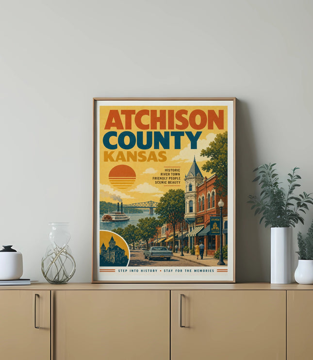 Atchison County Kansas vintage poster with historic river town illustration.