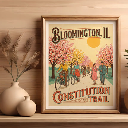 Framed poster showing people biking and walking on a tree-lined path labeled "Bloomington, Constitution Trail".