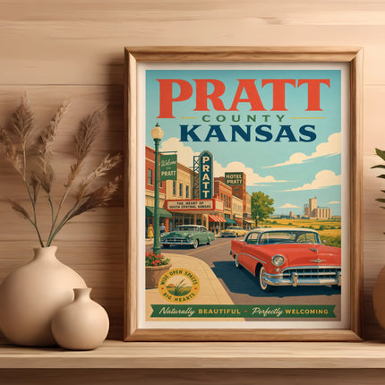 Pratt County, Kansas vintage travel poster with classic car.