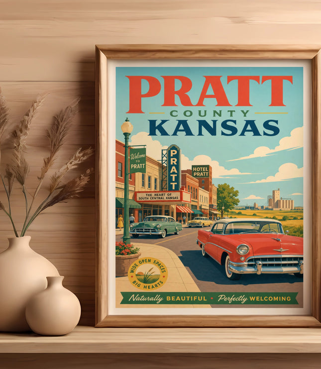 Pratt County, Kansas vintage travel poster with classic car.