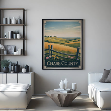 Chase County Tallgrass Prairie National Preserve poster depicting rolling hills and a fence.
