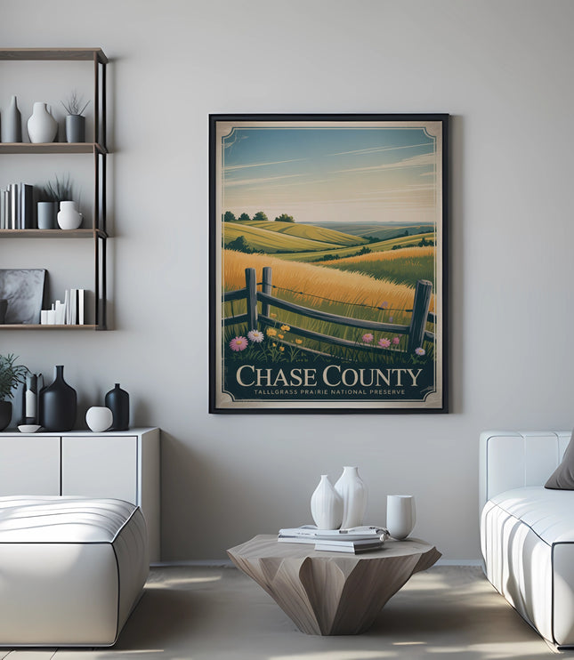 Chase County Tallgrass Prairie National Preserve poster depicting rolling hills and a fence.