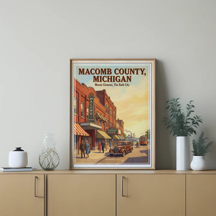 Vintage poster of Macomb County, Michigan, featuring Mount Clemens and The Clemens Cafe.