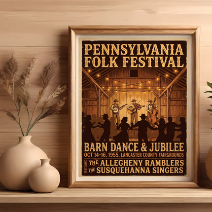 Pennsylvania Folk Festival Barn Dance & Jubilee poster with musicians.