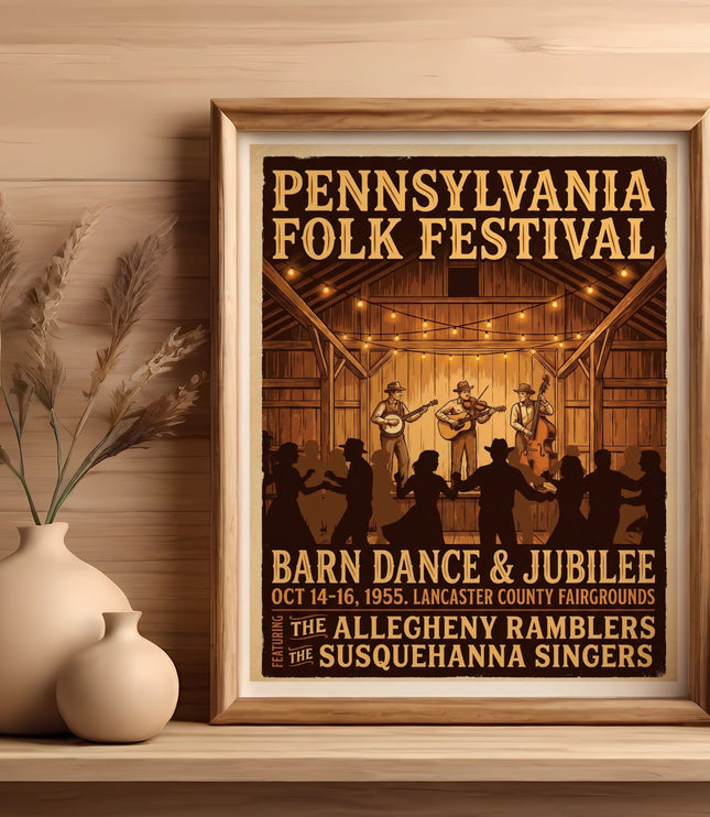 Pennsylvania Folk Festival Barn Dance & Jubilee poster with musicians.