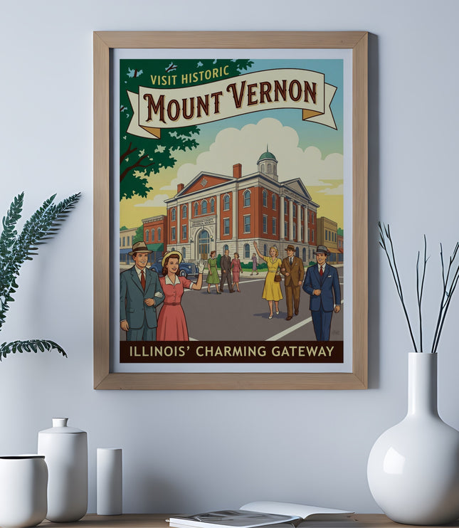 Vintage poster of Mount Vernon, Illinois featuring the Jefferson County Historical Society building.