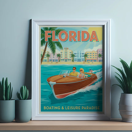 Vintage Florida travel poster with people boating near palm trees and buildings.
