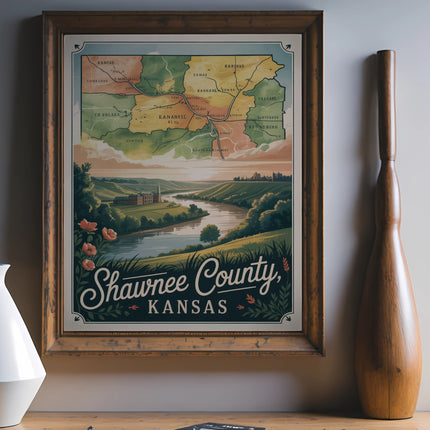 Map of Shawnee County, Kansas, featuring a river and rolling hills.
