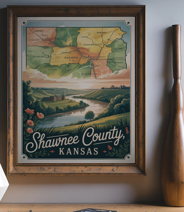 Map of Shawnee County, Kansas, featuring a river and rolling hills.