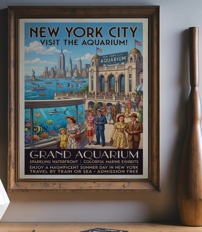 New York City Aquarium vintage travel poster featuring skyline and families.
