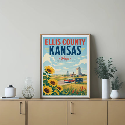 Ellis County Kansas poster with sunflowers, grain elevator, and red car.