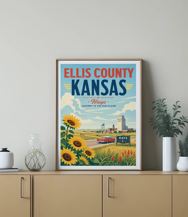 Ellis County Kansas poster with sunflowers, grain elevator, and red car.