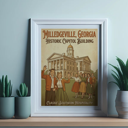 Framed vintage poster of Milledgeville Historic Capitol Building with people.