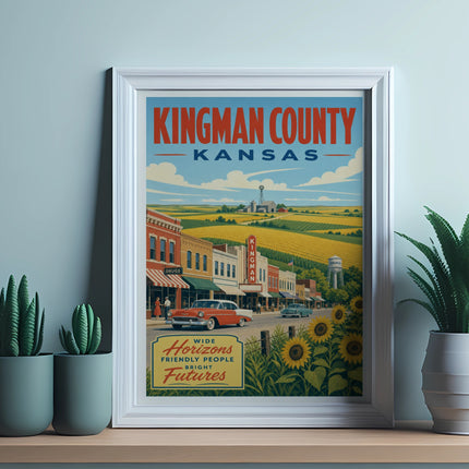 Kingman County Kansas travel poster with vintage car and sunflowers.