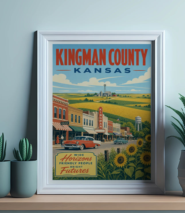 Kingman County Kansas travel poster with vintage car and sunflowers.