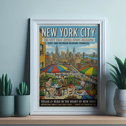 New York City poster with text about reading terraces and travel.