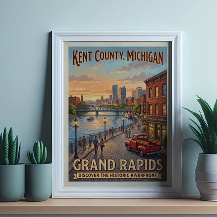 Grand Rapids vintage poster with "Grand Rapids Discover the Historic Riverfront" text.