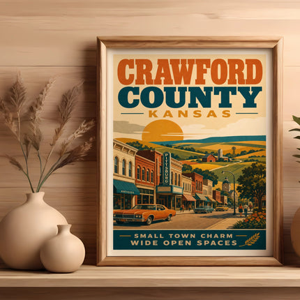 Crawford County, Kansas small town charm poster with sun, vintage cars, and buildings.