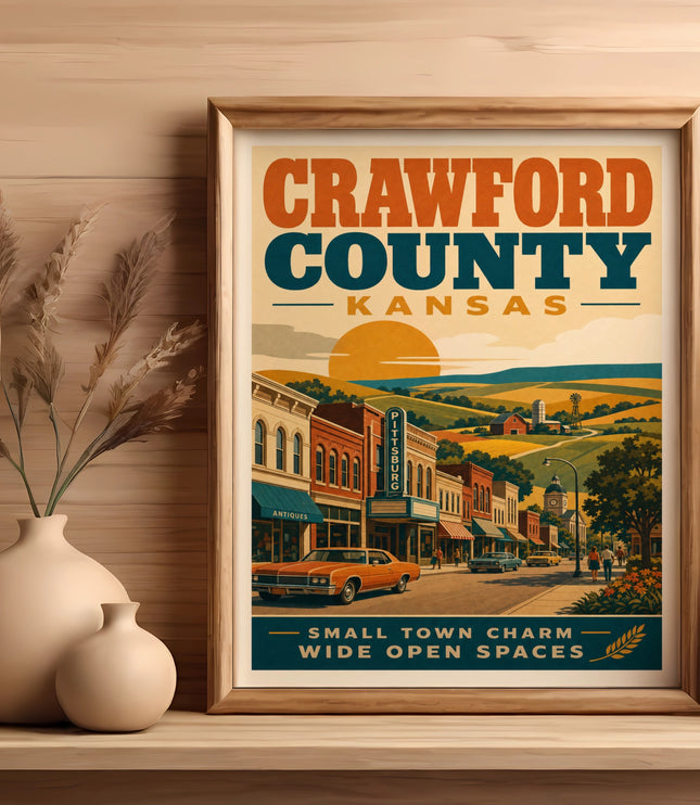 Crawford County, Kansas small town charm poster with sun, vintage cars, and buildings.