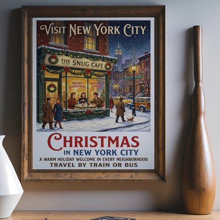 Vintage poster for Christmas in New York City, featuring The Snug Café.