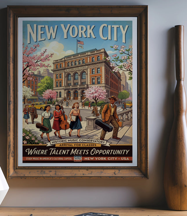 New York City vintage poster for Juilliard School music classes in springtime.