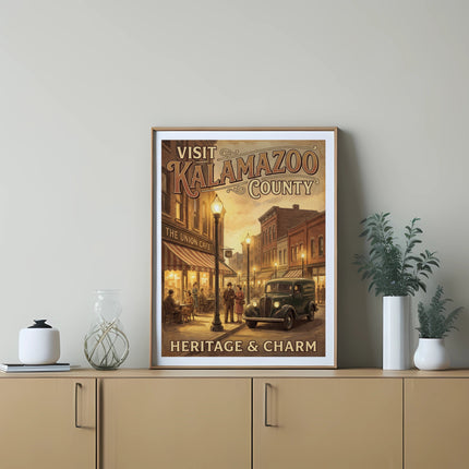 Vintage poster text "Visit Kalamazoo County Heritage & Charm" with street scene.