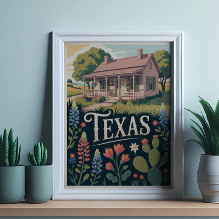 Framed Texas art with a cabin and wildflowers, flanked by potted plants.
