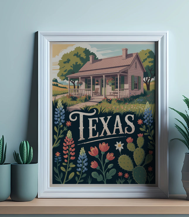 Framed Texas art with a cabin and wildflowers, flanked by potted plants.