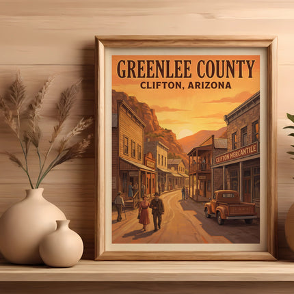Greenlee County Clifton, Arizona vintage poster showing old west street scene.
