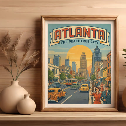 Retro illustration of Atlanta, the Peach Tree City, with vintage cars and buildings.