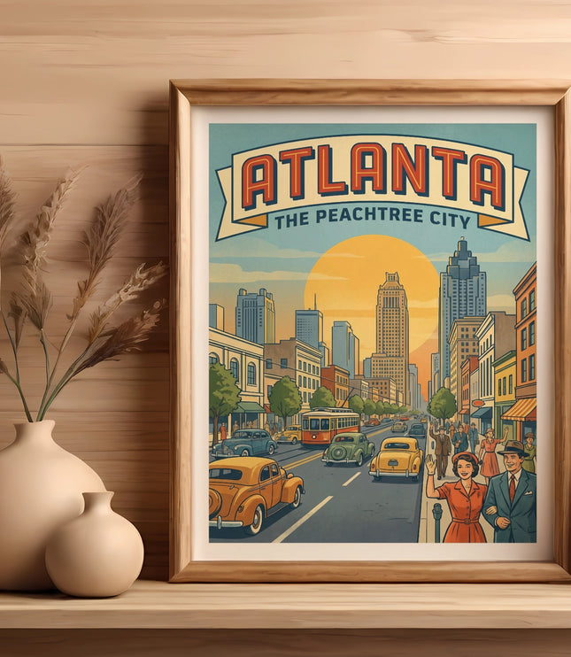 Retro illustration of Atlanta, the Peach Tree City, with vintage cars and buildings.