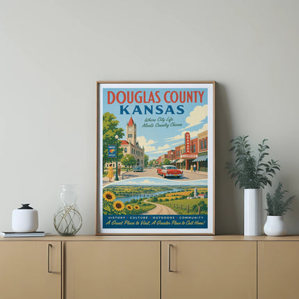 Douglas County, Kansas travel poster with text about history and community.