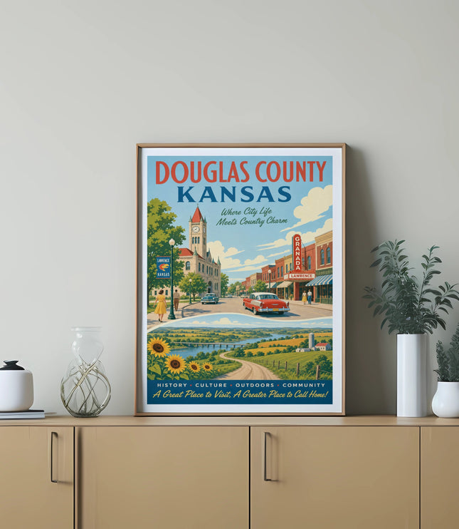 Douglas County, Kansas travel poster with text about history and community.