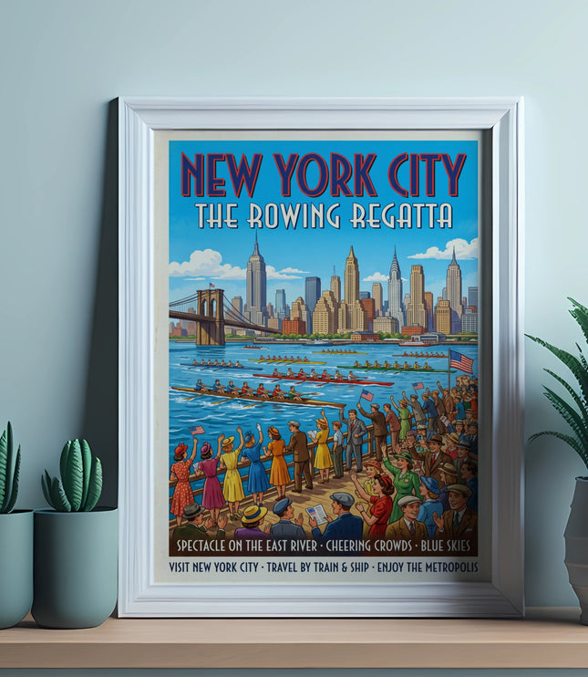 New York City Rowing Regatta vintage poster with skyline and crowds.