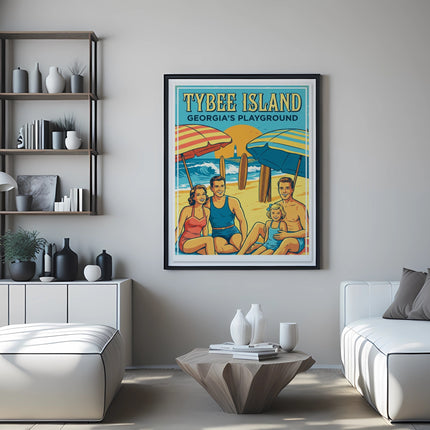 Retro poster of a family at the beach, with "Tybee Island Georgia's Playground" text.