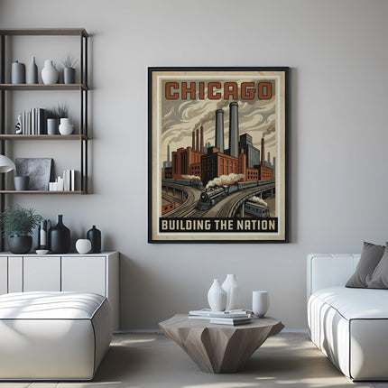 Chicago "Building the Nation" poster featuring a steam train and industrial buildings.