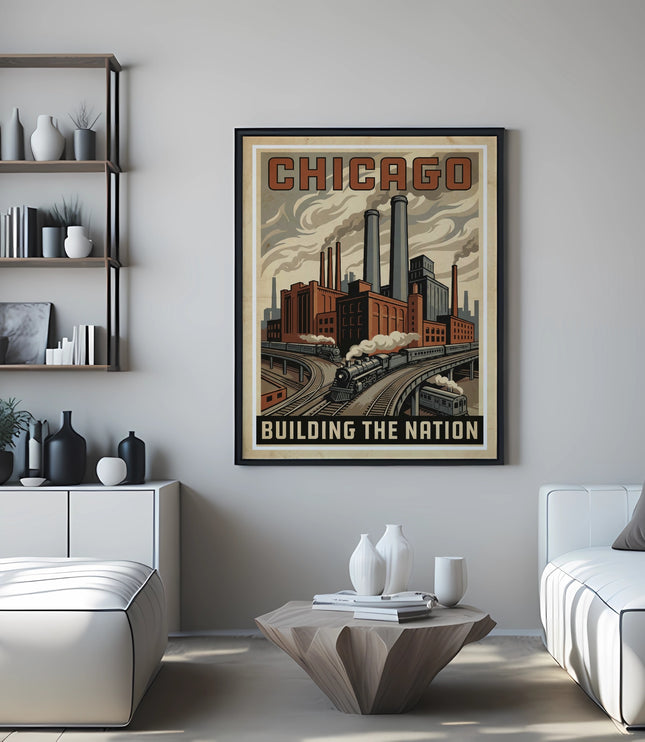 Chicago "Building the Nation" poster featuring a steam train and industrial buildings.