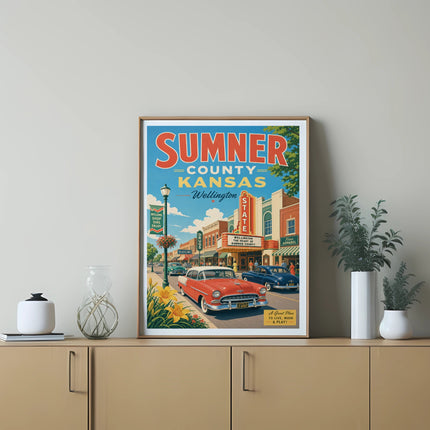 Sumner County, Kansas poster with vintage cars and "Wellington" text.