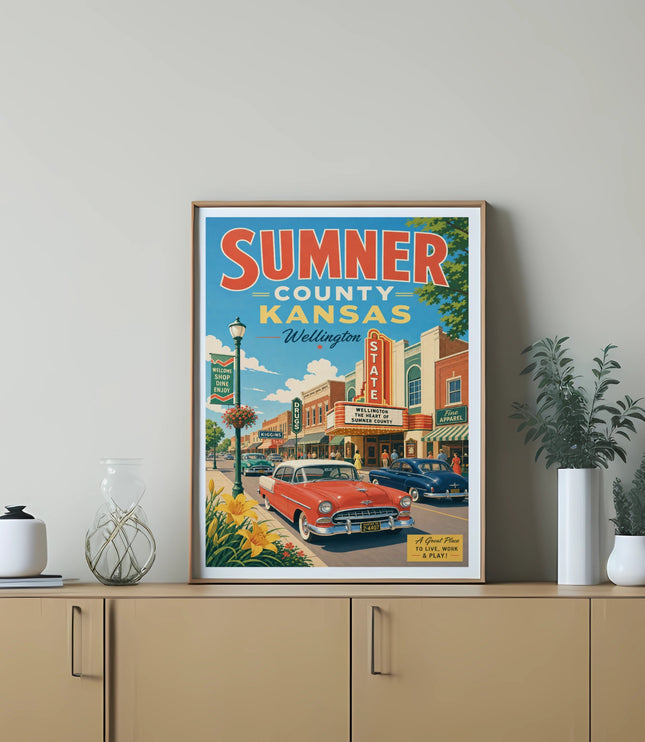 Sumner County, Kansas poster with vintage cars and "Wellington" text.