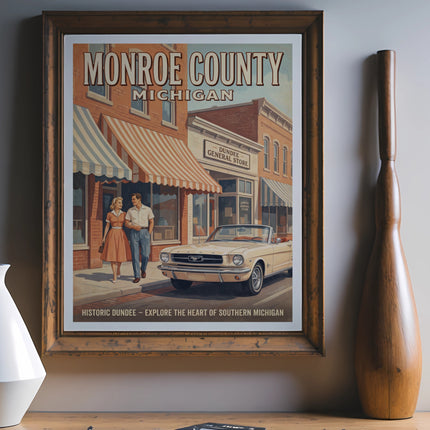 Monroe County Michigan poster showing a couple, classic car, and Dundee General Store.